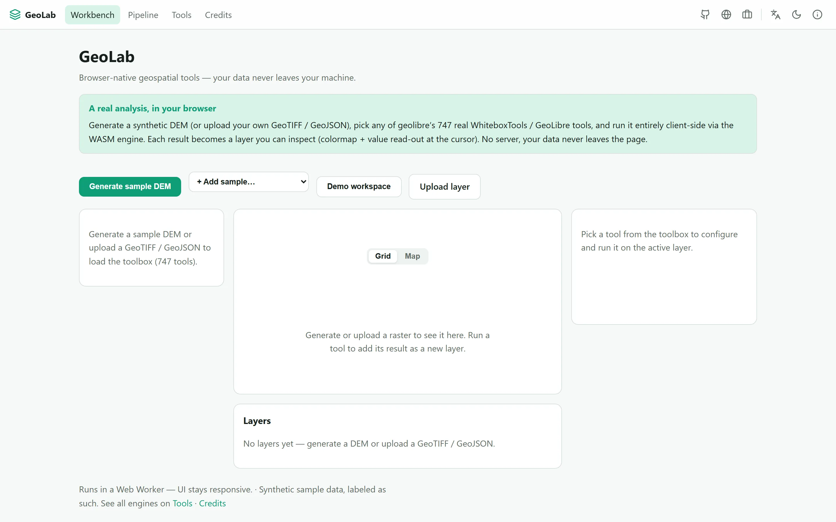 GeoLab — Browser-Native Multi-Engine Geospatial Tool Platform